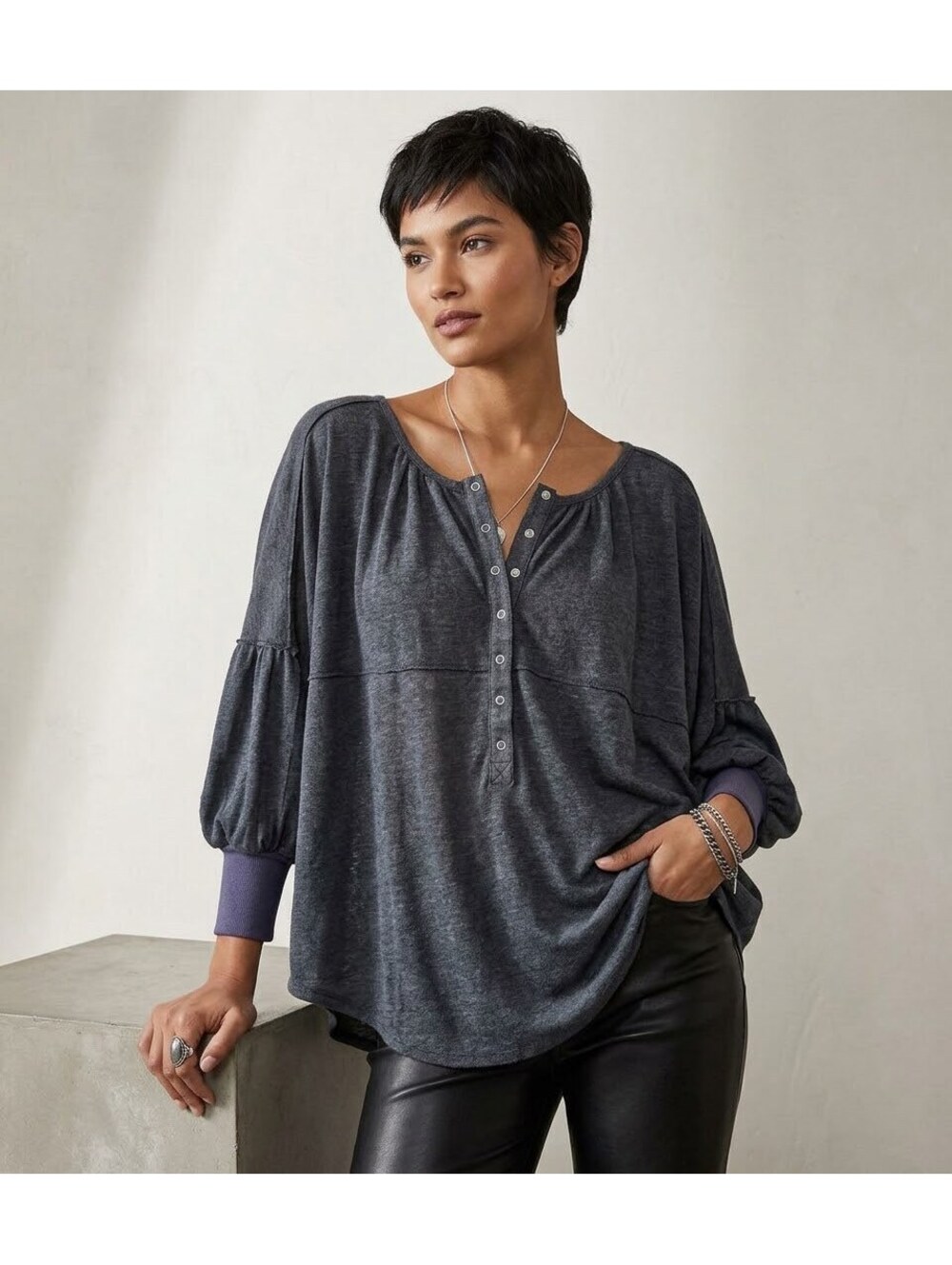 Free People Women’s Charcoal Gray Oversized Boho Tunic Top Size L